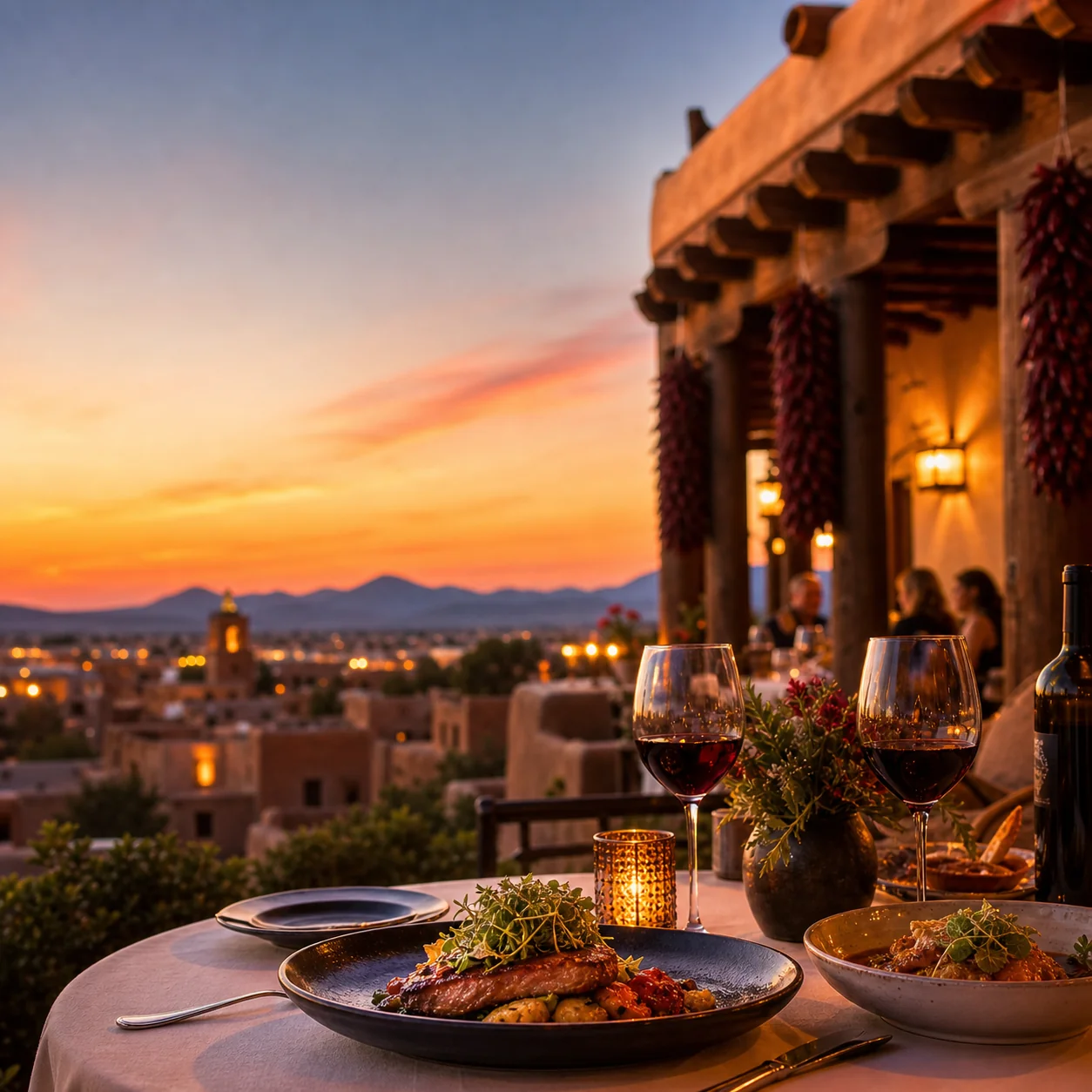 Santa Fe dining scene at sunset